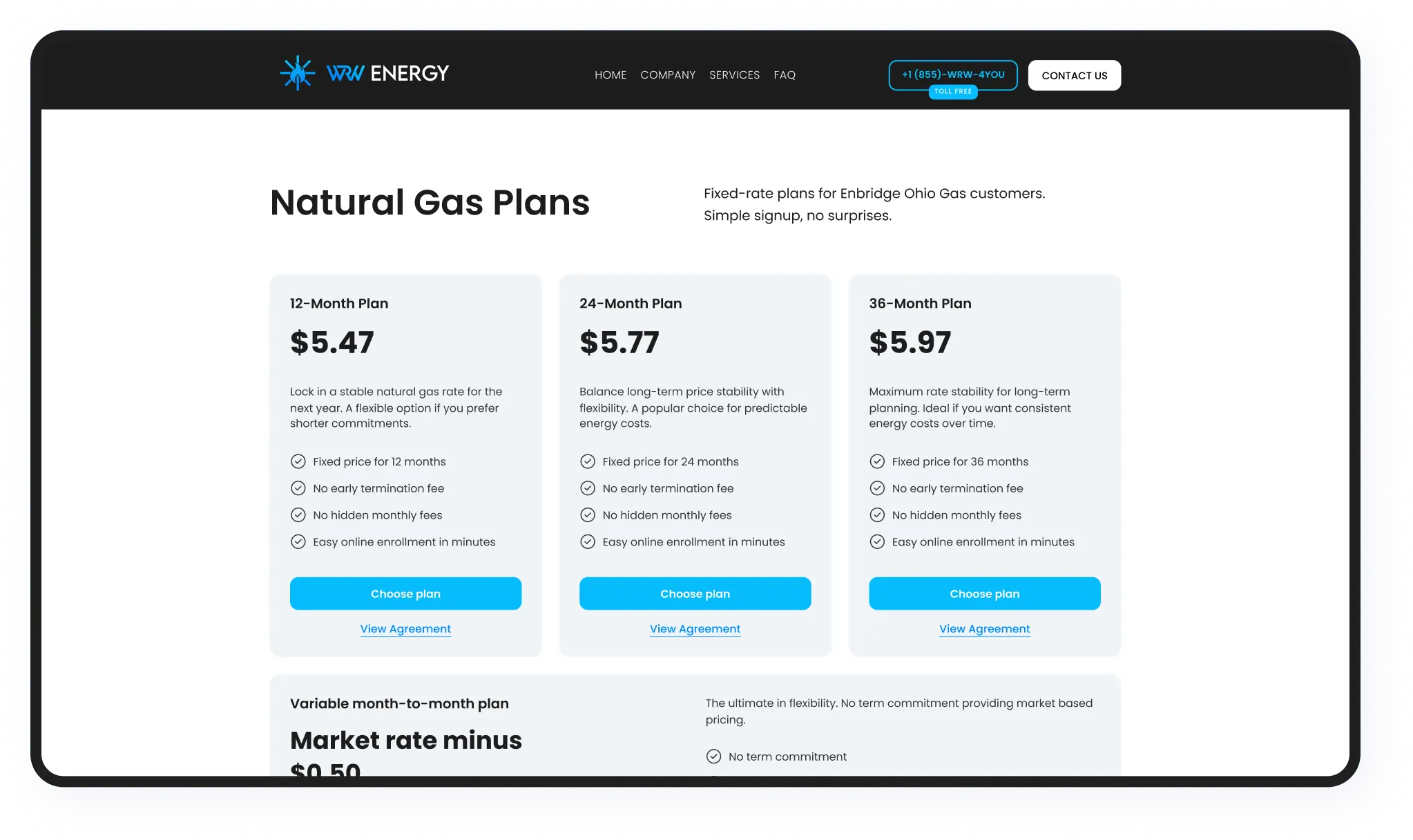 Página inicial da WRW Energy com quatro cartões de comparação de planos de gás natural e layout de preços