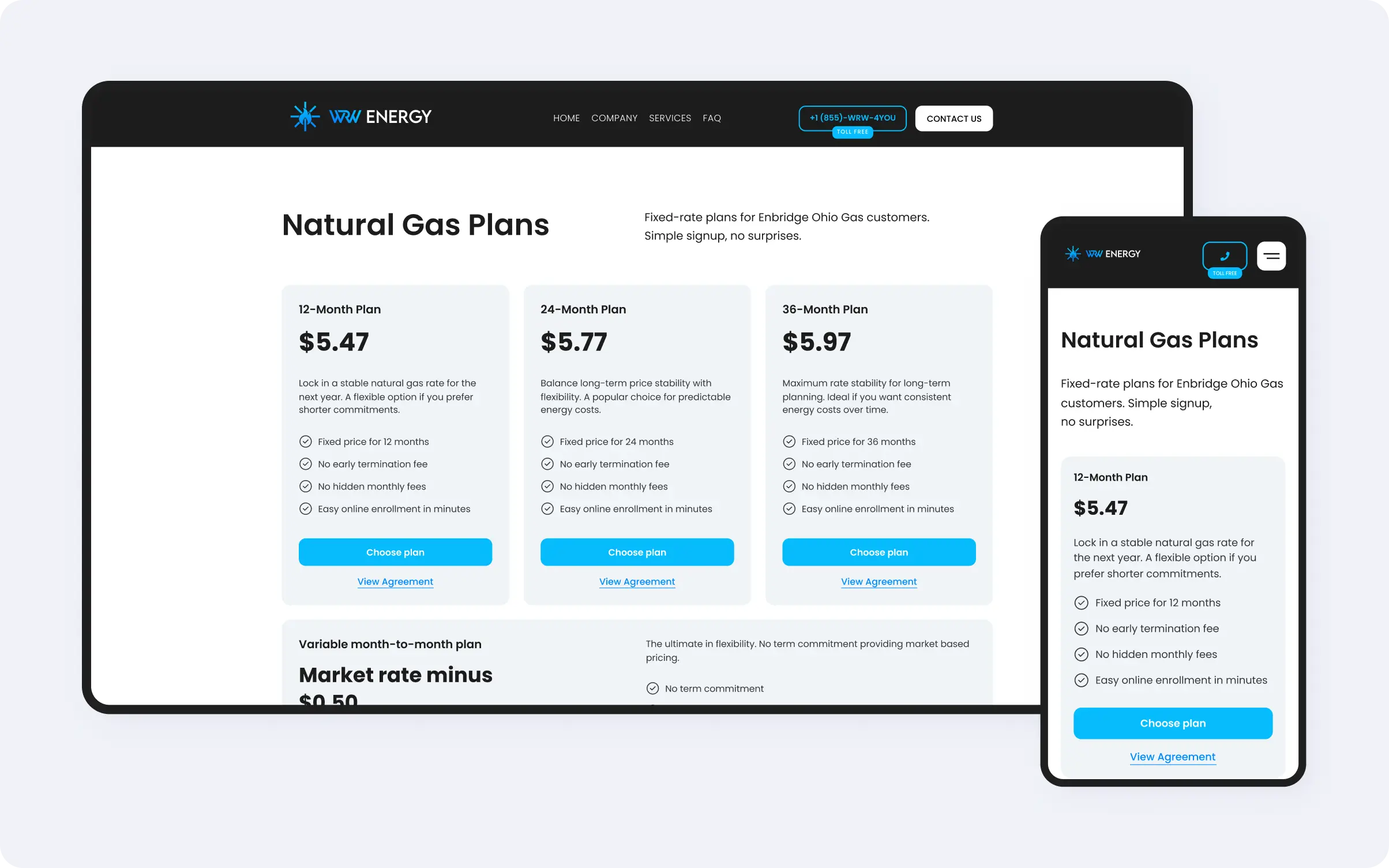 Página de seleção de planos da WRW Energy em visualizações responsivas para desktop e mobile com cartões de preços de taxa fixa