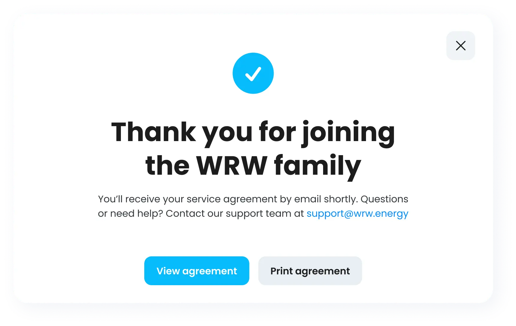 Fluxo completo de cadastro da WRW Energy, desde o formulário de informações do serviço até a tela de confirmação automatizada do contrato