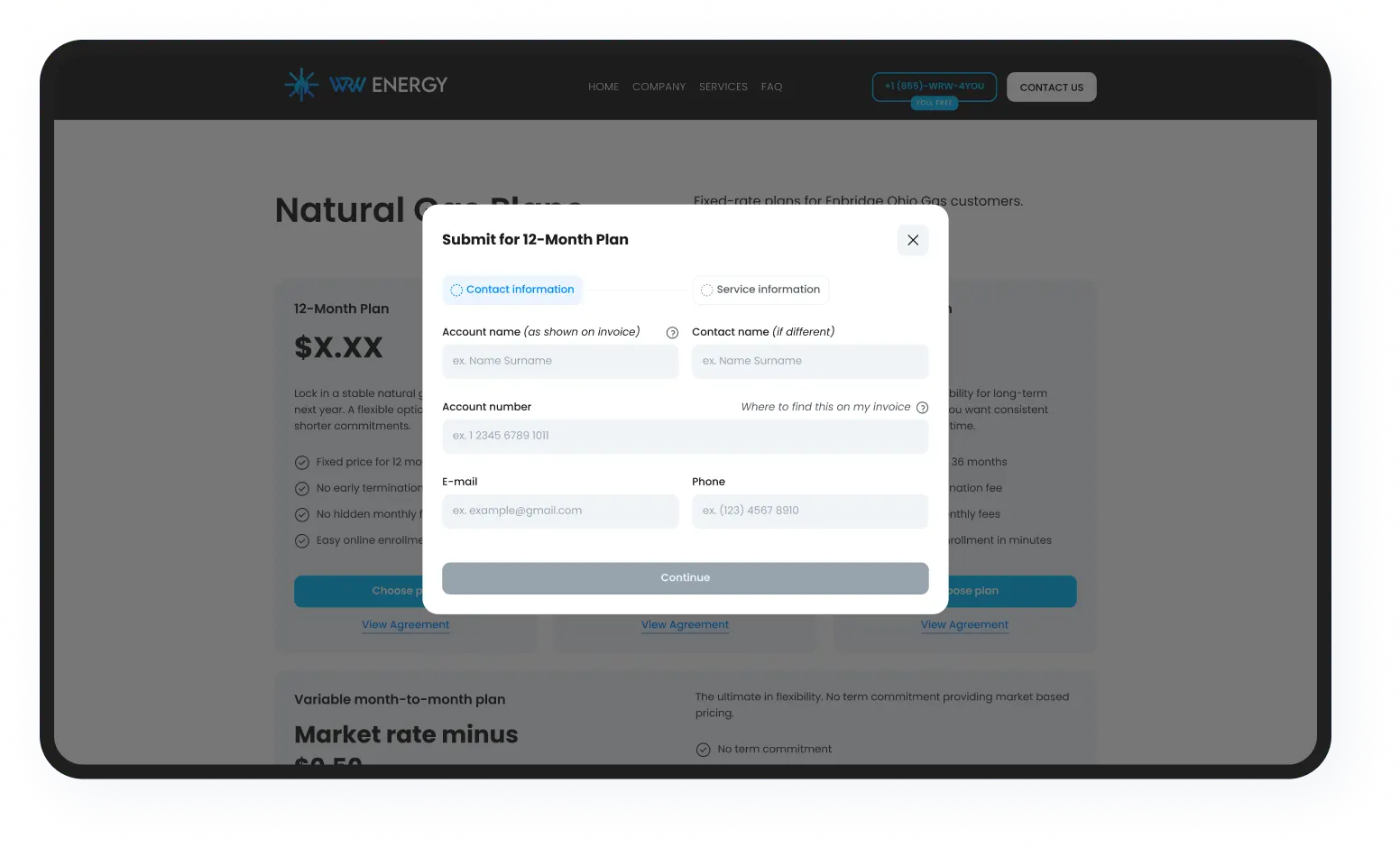 Formulário de cadastro da WRW Energy com campos de endereço, opção de isenção fiscal e tooltip de orientação contextual sobre a fatura