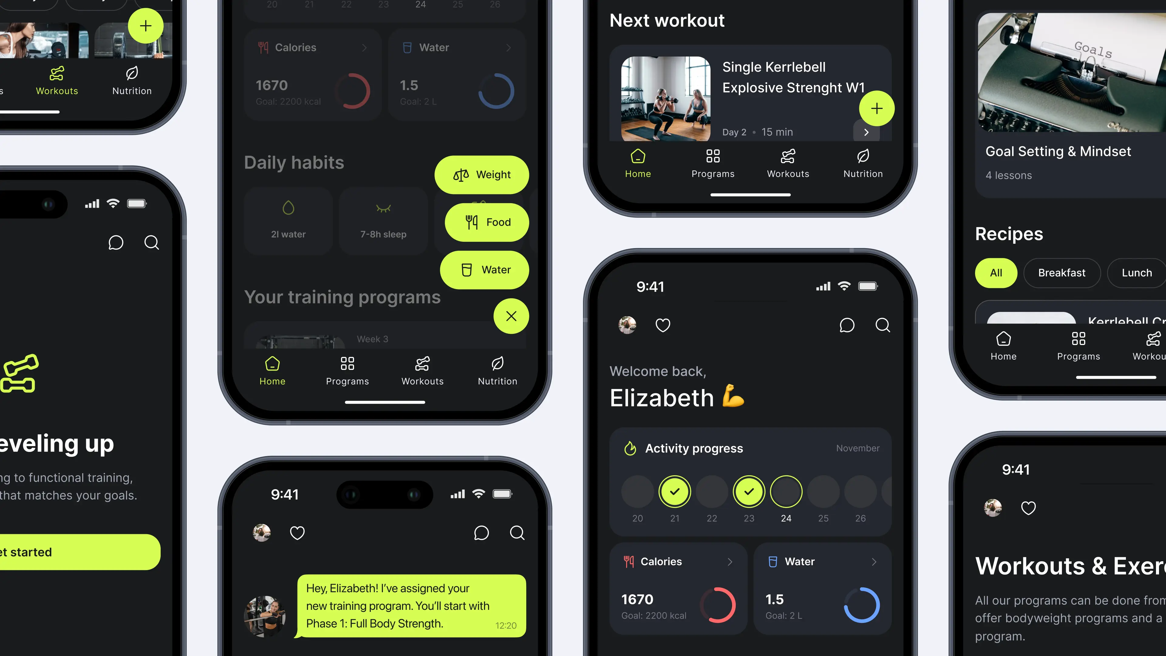 Grade completa de telas do app Ymove: hábitos diários, próximo treino, receitas, progresso de atividades, mensagens com o treinador e biblioteca de treinos em tema escuro