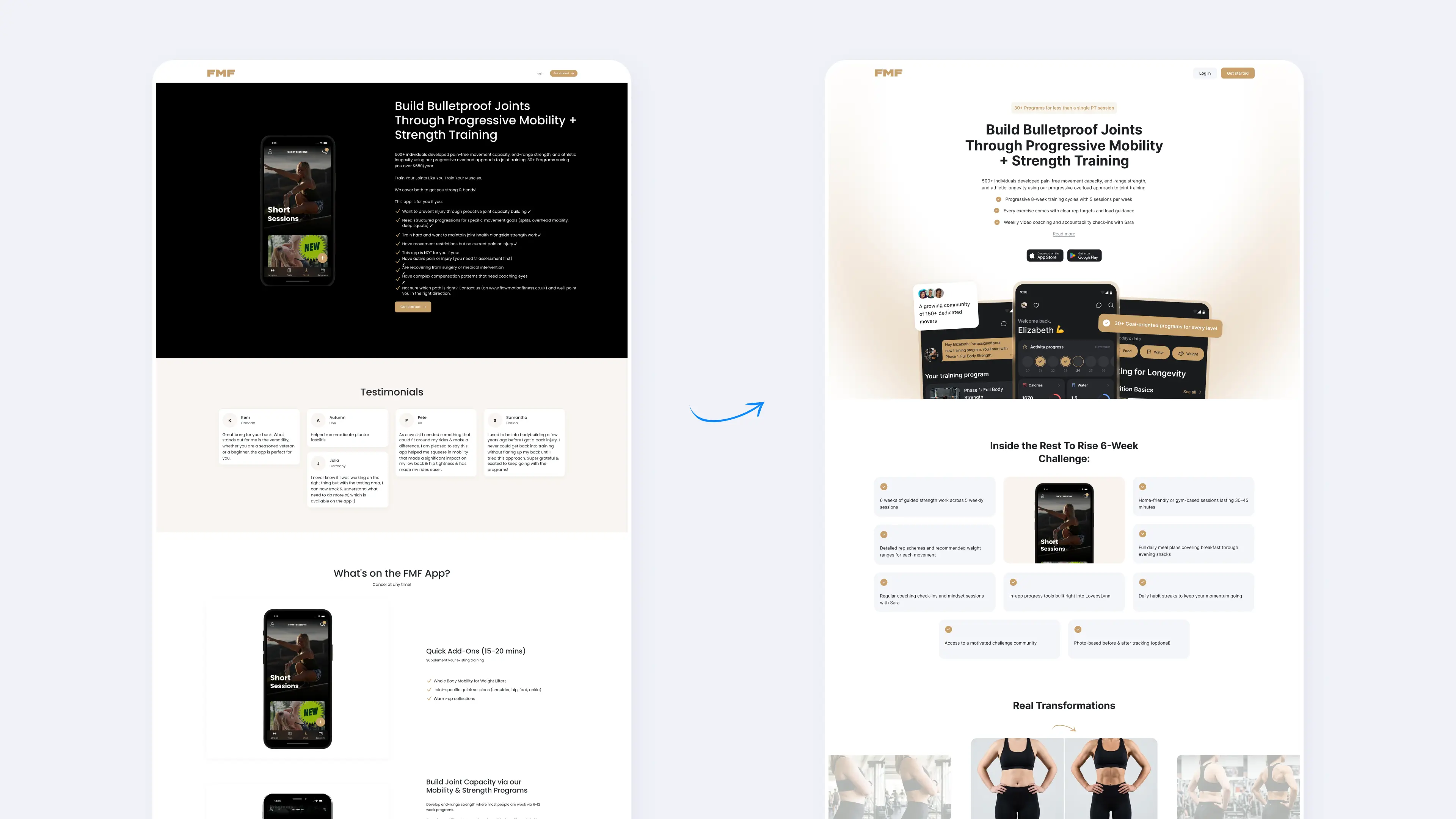 Redesign da landing page do treinador Ymove: comparação entre a versão móvel original e a nova versão desktop com seção hero, depoimentos e blocos de programas