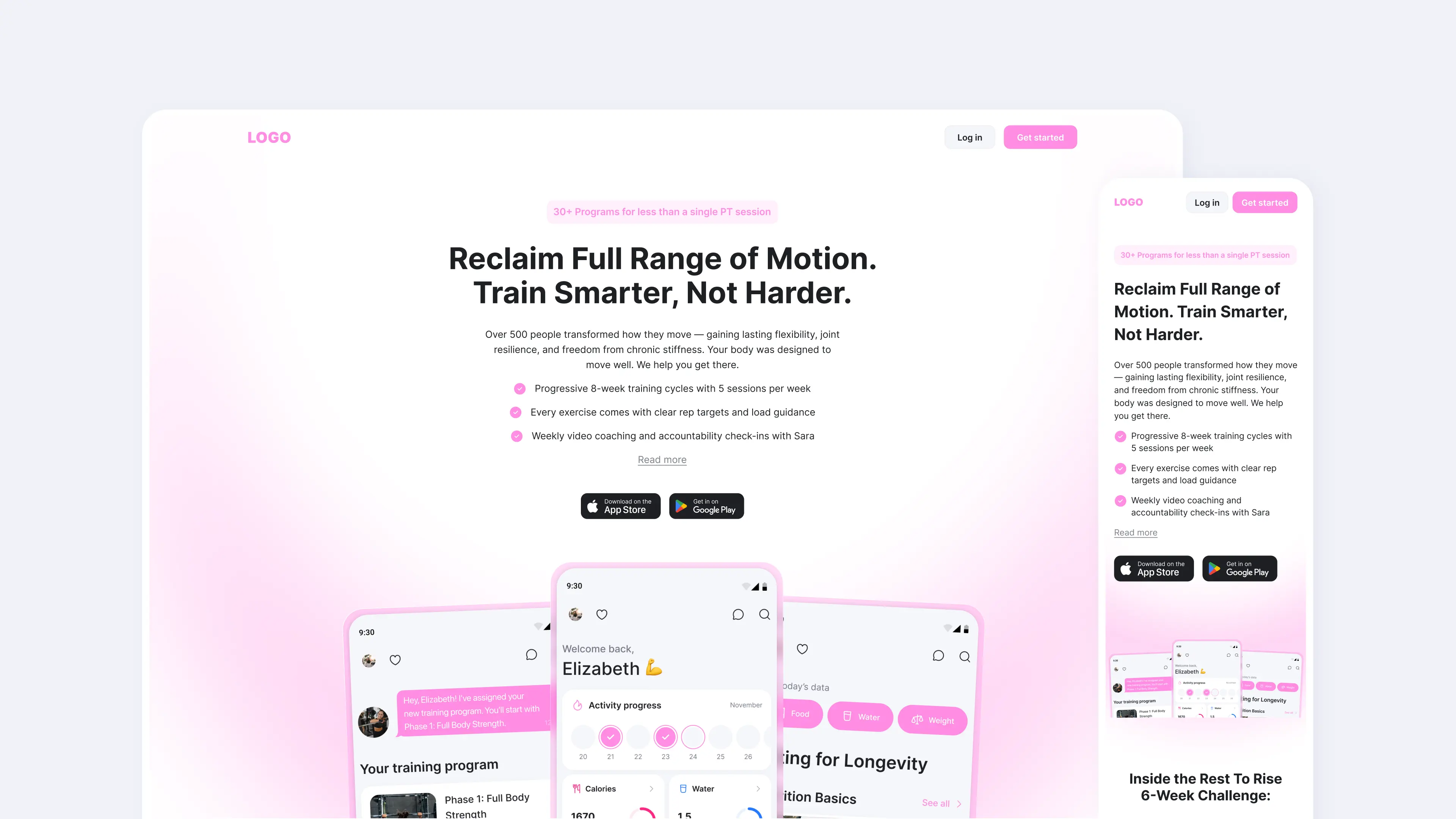 Template da landing page do treinador Ymove em versões desktop e mobile com gradiente de marca, seção hero, botões da App Store e pré-visualizações integradas do app
