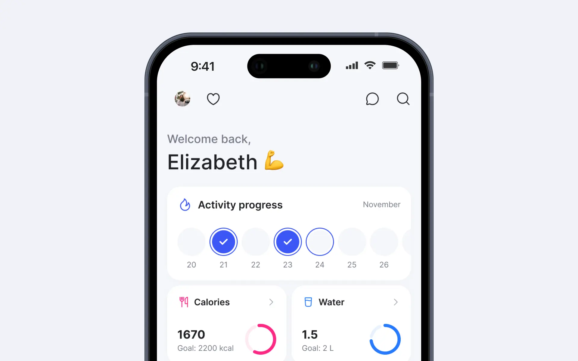 Painel principal e telas de agenda do app Ymove em tema claro com progresso de atividades, contagem de calorias e recordes pessoais