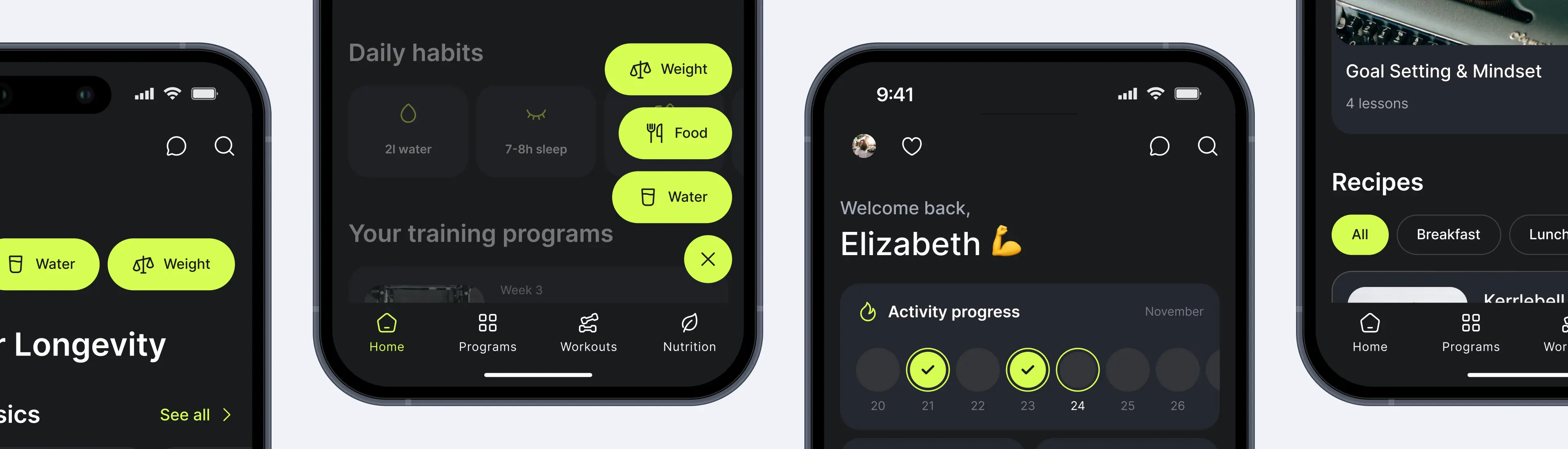 Telas do aplicativo de fitness Ymove com tema escuro: painel principal, rastreador de hábitos diários e calendário de progresso de atividades